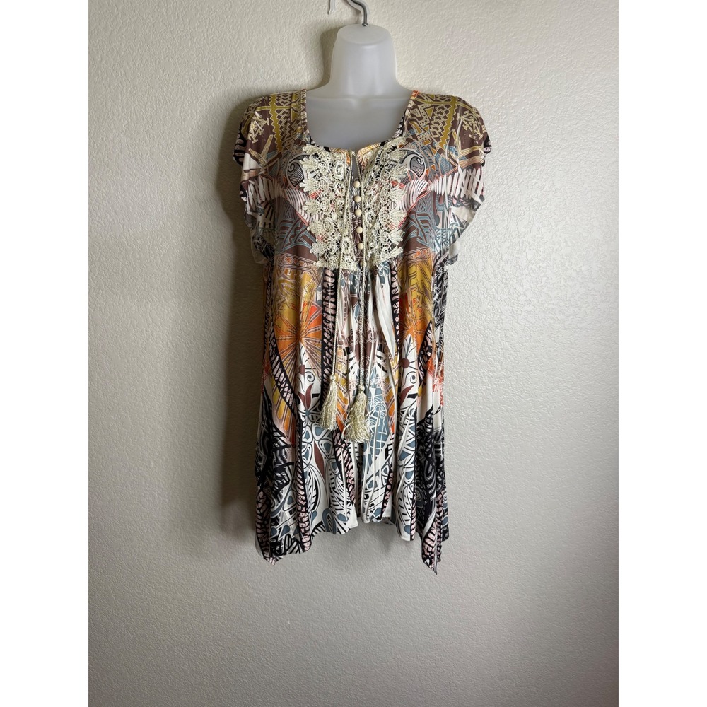 World Unity Womens L Tunic Top Multi Color Geometric Lace‎ Bib Tassel Boho Aztec